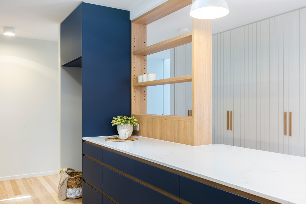 Inspiration for a mid-sized modern galley kitchen pantry in Canberra - Queanbeyan with a drop-in sink, blue cabinets, quartz benchtops, blue splashback, cement tile splashback, stainless steel appliances, medium hardwood floors and white benchtop.