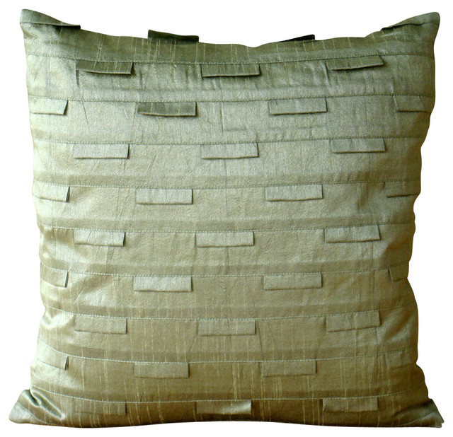 Pintucks 14"x14" Art Silk Taupe Green Pillows Cover, Taupe Green Ocean