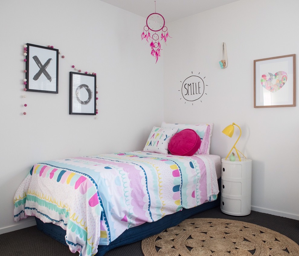 Beach style kids' bedroom in Other with white walls, carpet and grey floor for kids 4-10 years old and girls.