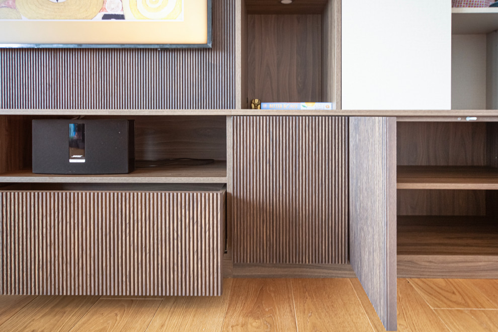 Bespoke Sleek Brown Media Unit with ribbed wood slat panels