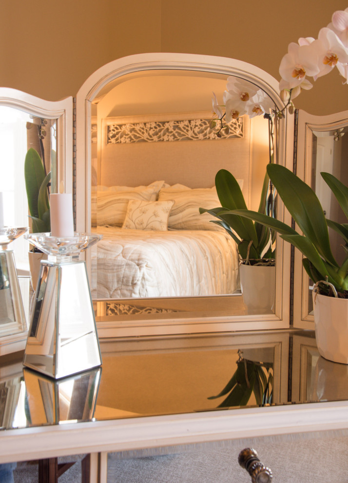Example of a large transitional master carpeted and beige floor bedroom design in Baltimore with beige walls