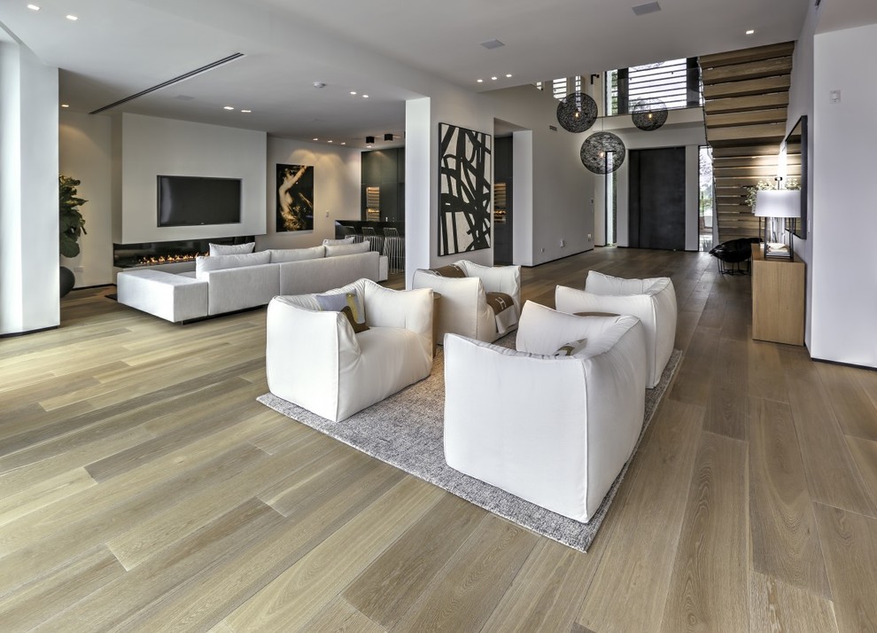 Contemporary entryway in New York with light hardwood floors.