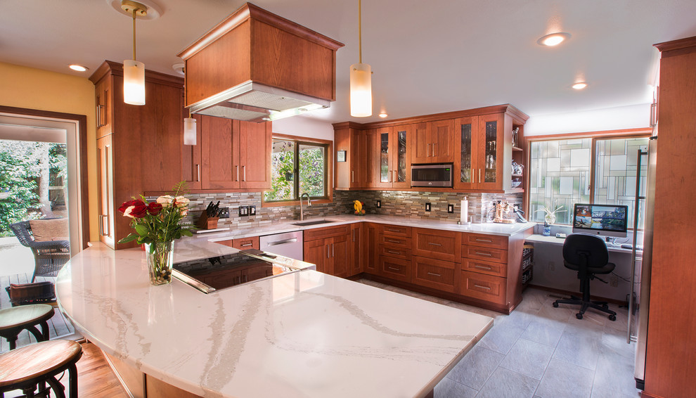 Inspiration for a huge u-shaped porcelain tile and multicolored floor eat-in kitchen remodel in Seattle with an undermount sink, shaker cabinets, medium tone wood cabinets, quartz countertops, multicolored backsplash, mosaic tile backsplash, stainless steel appliances and a peninsula