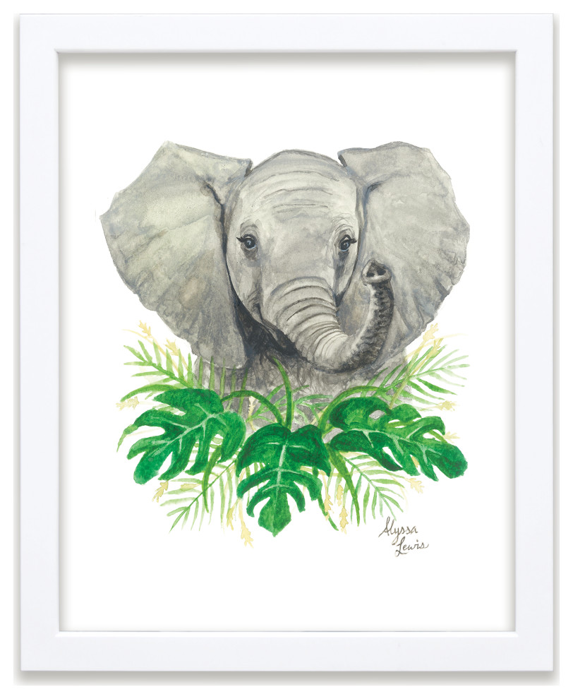 "Safari Littles" Elephant Individual Framed Print, White, 16"x20"