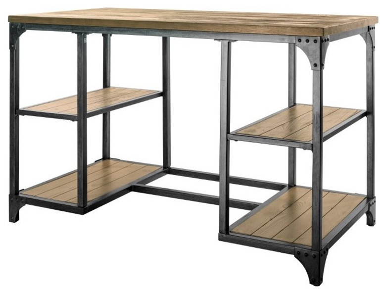 Linon Benjamin Wood Desk Distressed Steel Base 4 Open Shelves in Weathered Brown