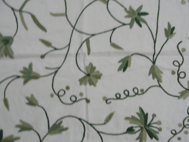 Crewel Fabric Butterflies on Vines Green  on Off White Cotton Duck