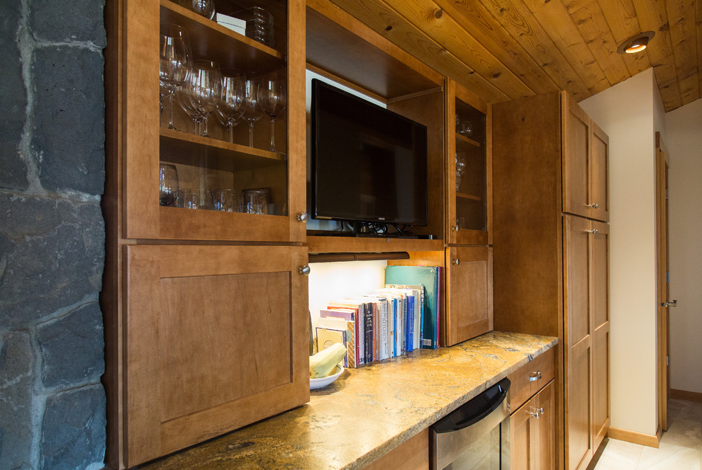 Example of a large transitional l-shaped travertine floor open concept kitchen design in Portland with an undermount sink, recessed-panel cabinets, medium tone wood cabinets, granite countertops, multicolored backsplash, stainless steel appliances and an island