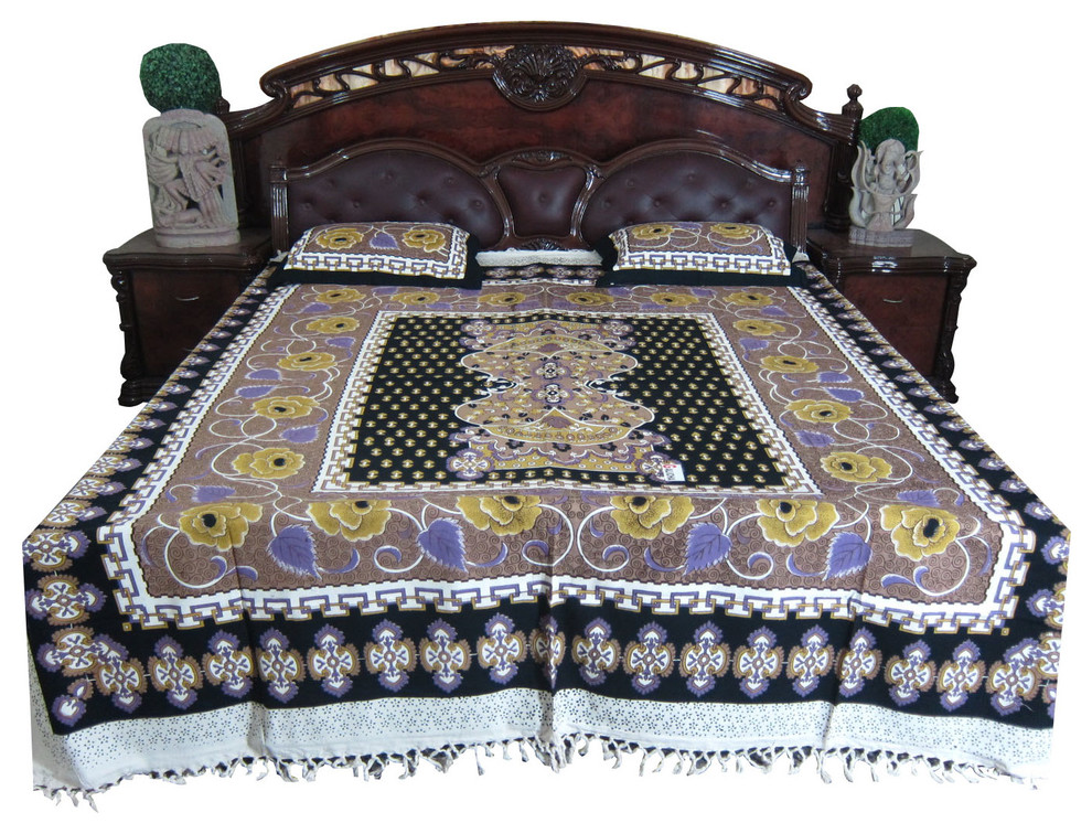 Indian Floral Bed Cover Sheet Beige Decor Bedding Throw Queen Coverlet Set