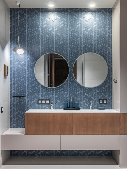 Breathtaking Blues: Contemporary Bathroom Backsplash Ideas with Chevron Tiles