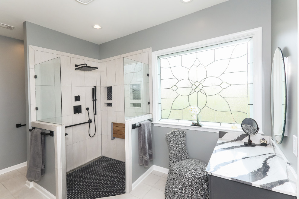 Design ideas for a mid-sized transitional 3/4 bathroom with flat-panel cabinets, grey cabinets, a curbless shower, a bidet, grey walls, porcelain floors, an undermount sink, engineered quartz benchtops, white floor, an open shower, multi-coloured benchtops, a double vanity and a built-in vanity.