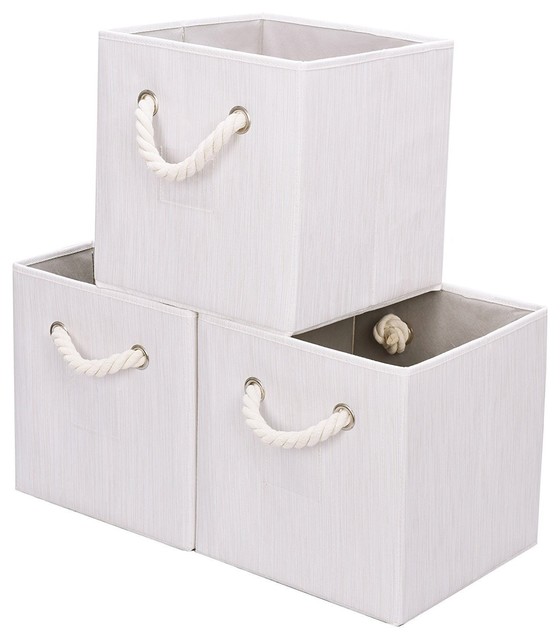 Polyester Canvas Storage Cube Bin With Rope Handle, 3Pack, White