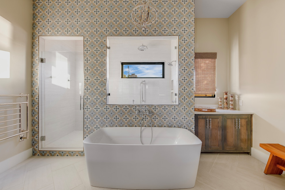 Photo of a mediterranean bathroom in Dallas with flat-panel cabinets, cement tile, porcelain floors, engineered quartz benchtops and a double vanity.