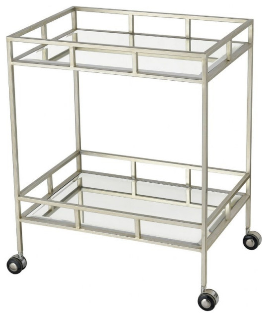 Metal Mirror TwoTier Rectangular Drink Carts in Nickel Finish Wheeled