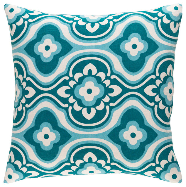 Transitional Dark Green and Teal and Cream Accent Pillow, 18  x18