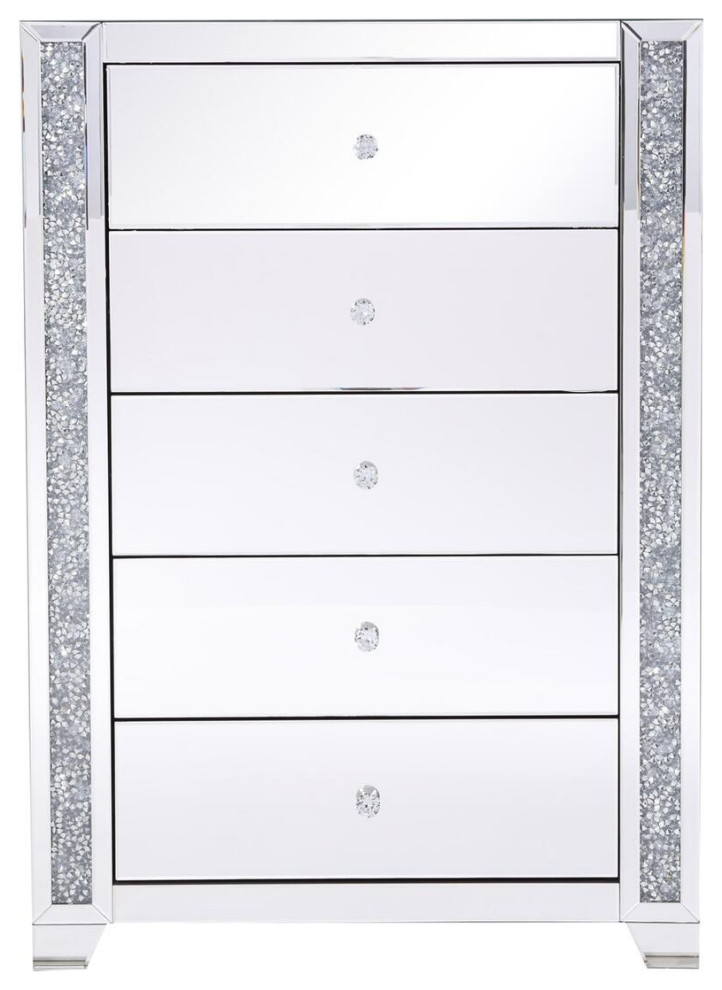 34" Silver Crystal Mirrored Five Drawer Cabinet