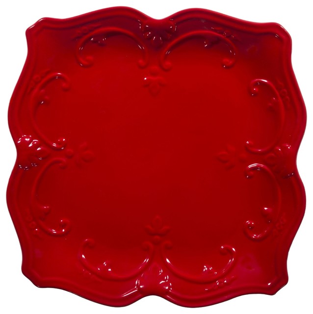 Fancy Scroll Red Square Dinner Plate Traditional Dinner Plates by