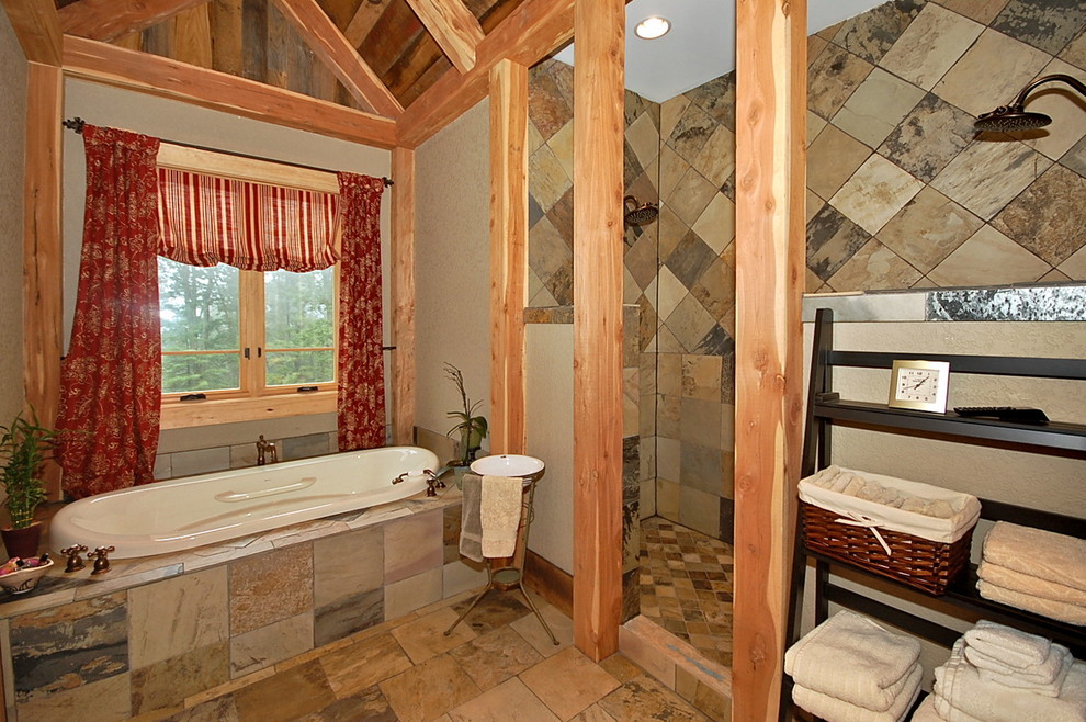 Example of a large mountain style master open shower design