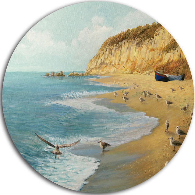 The Calm Beach, Landscape Painting Large Disc Metal Wall Art Beach