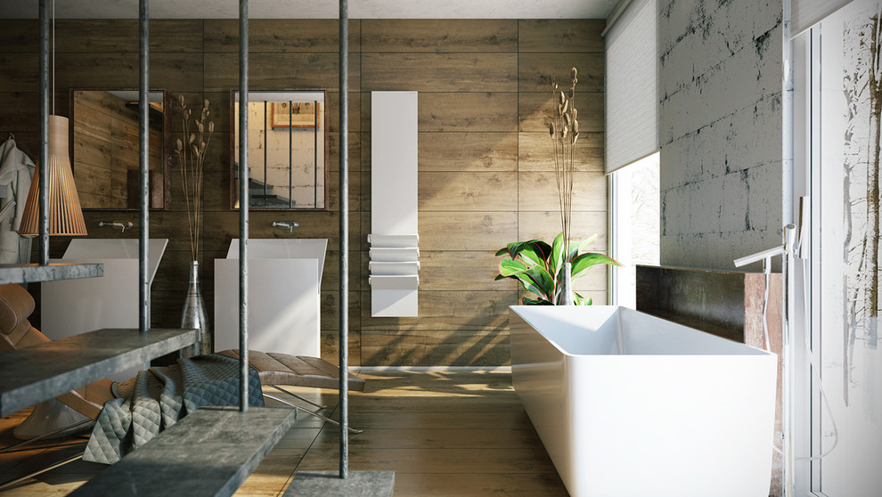 Design ideas for a large bathroom in New York with furniture-like cabinets, brown cabinets, an undermount tub, a wall-mount toilet, beige tile, cement tile, brown walls, light hardwood floors, a wall-mount sink, laminate benchtops and with a sauna.