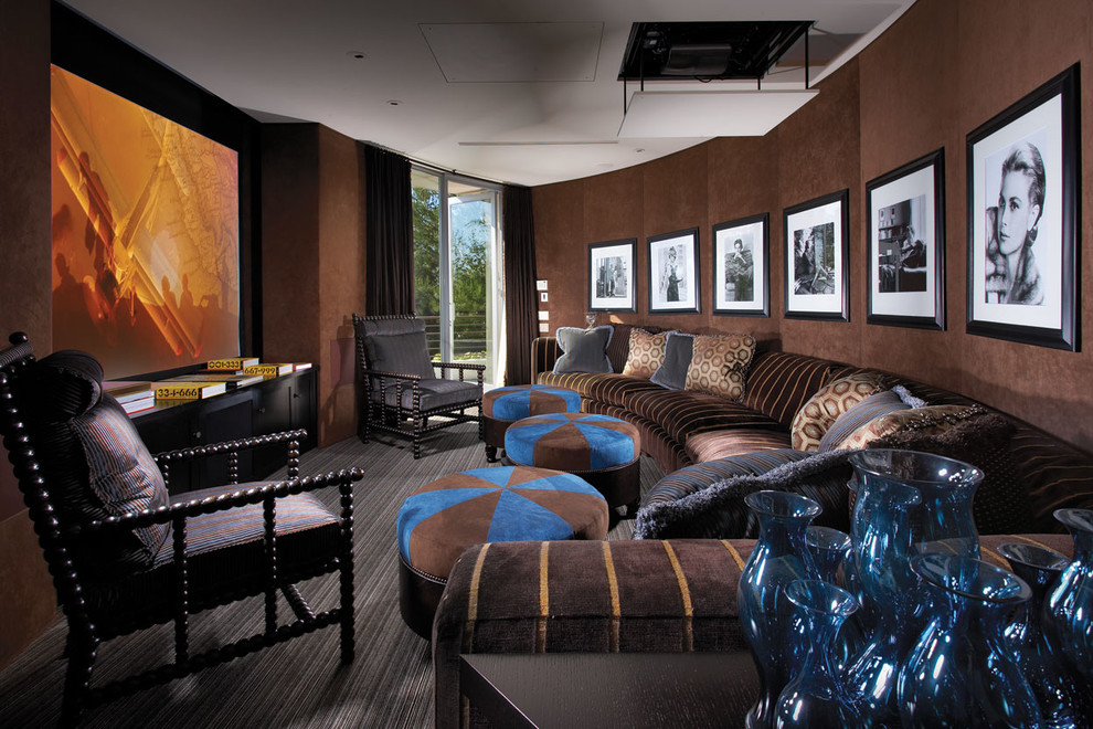 Design ideas for a contemporary home theatre in Orange County with brown walls.