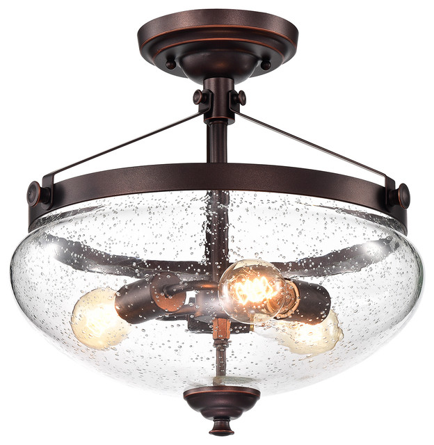 Yellowstone 3 Light Oil Rubbed Bronze Semi Flush Mount With Seeded Glass Shade