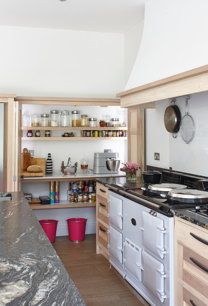 Design ideas for a large country galley kitchen pantry in Surrey with a drop-in sink, shaker cabinets, light wood cabinets, granite benchtops, glass sheet splashback, stainless steel appliances, ceramic floors and with island.