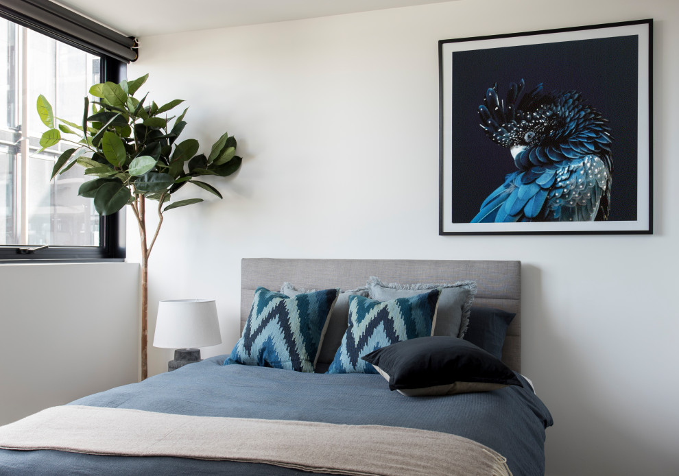 Photo of a contemporary bedroom in Melbourne with white walls.
