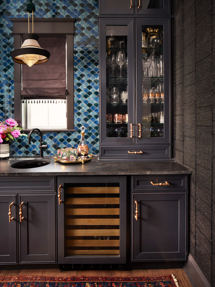 Design ideas for a small classic galley wet bar in Denver with a submerged sink, shaker cabinets, blue cabinets, engineered stone countertops, blue splashback, ceramic splashback, dark hardwood flooring and black worktops.