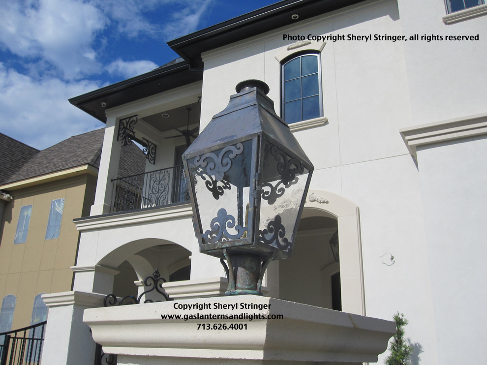 Sheryl's French Style Gas Lantern on Column with Scrolls and Dark Patina Finish