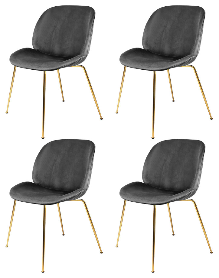 Dark Gray Velvet Shell Dining Chairs With Gold Legs, Set of 4