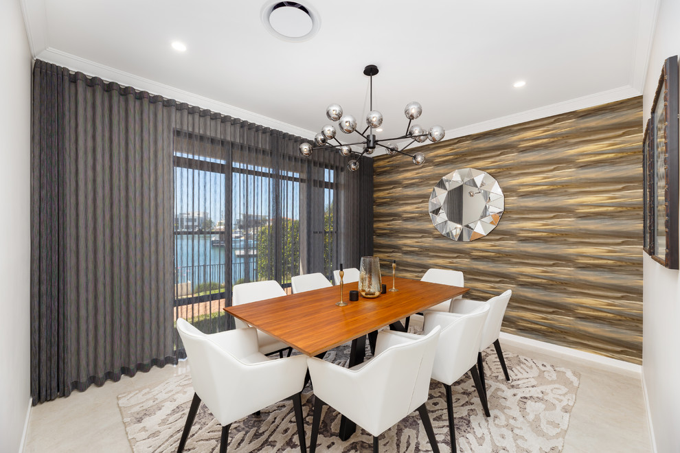 Photo of a contemporary dining room in Brisbane with brown walls and beige floor.