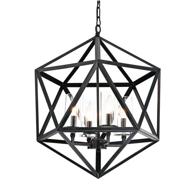 4 Light Geometric Iron Antique Black, Iron Chandelier With Glass Shades