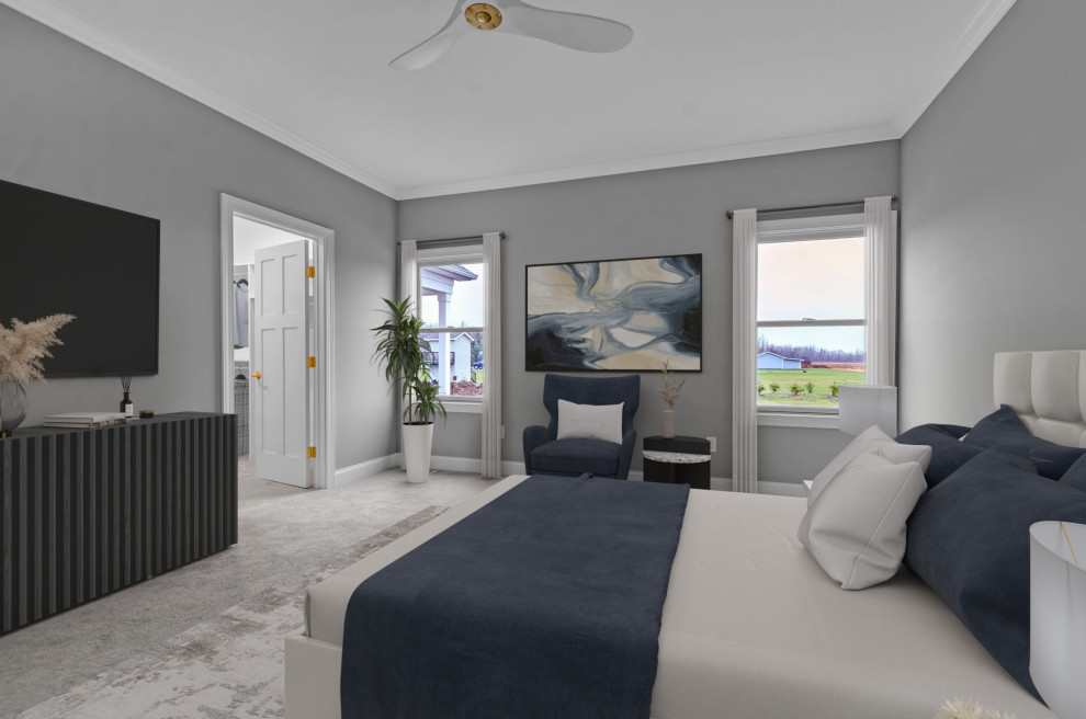 Cette image montre une chambre design avec un mur gris et un sol gris.