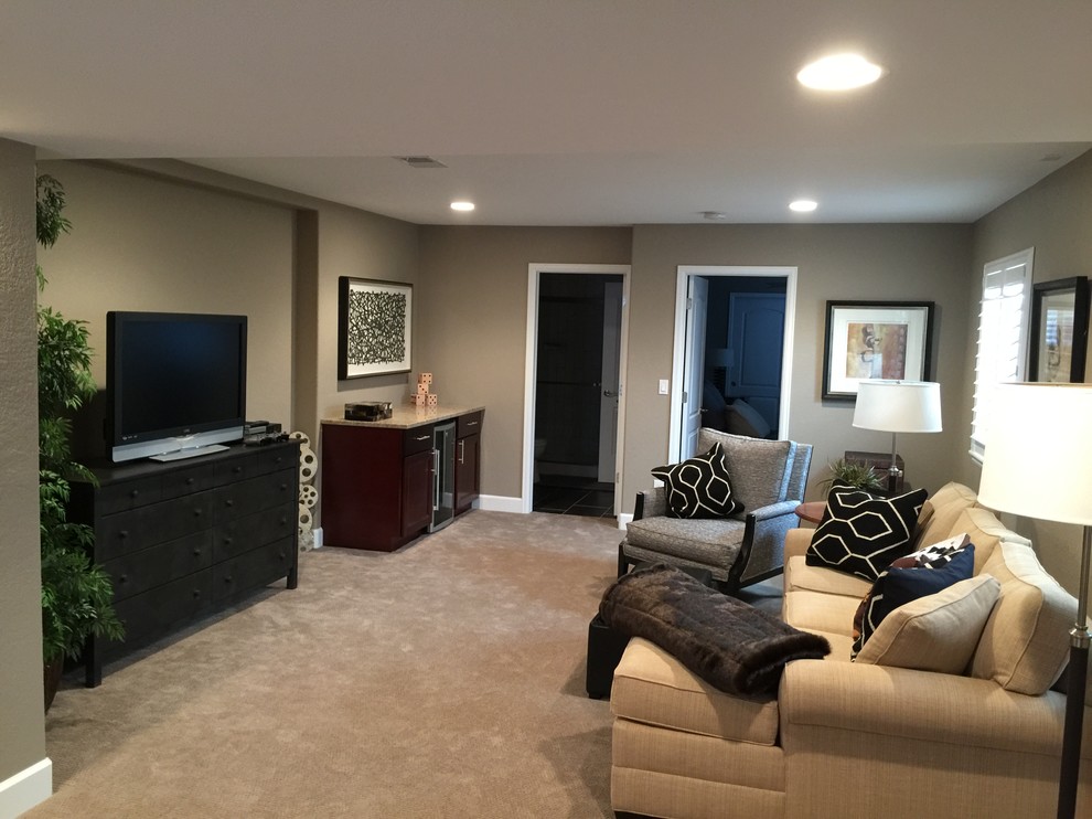 Mid-sized transitional look-out basement in Denver with brown walls, carpet, no fireplace, a game room and beige floor.