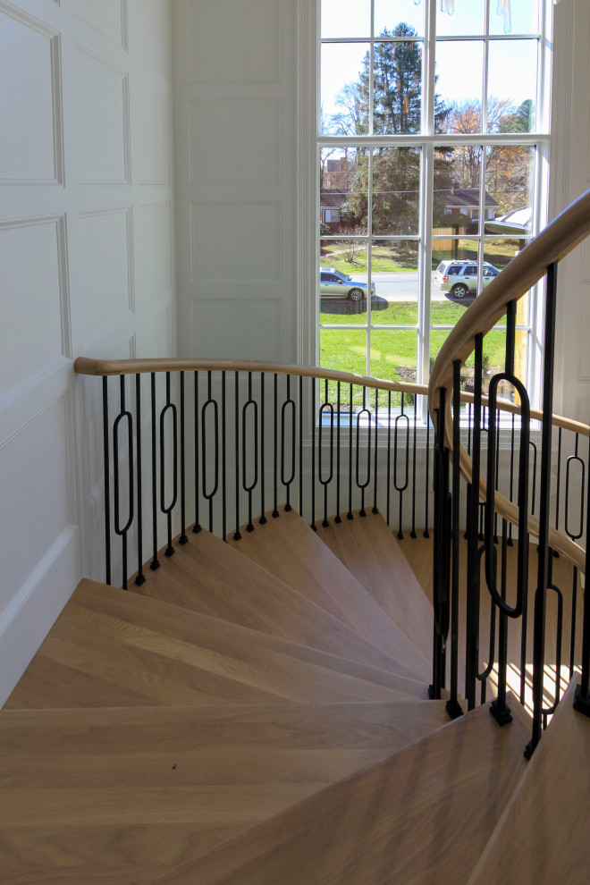This is an example of an expansive traditional wood curved mixed railing staircase in DC Metro with wood risers and wainscoting.