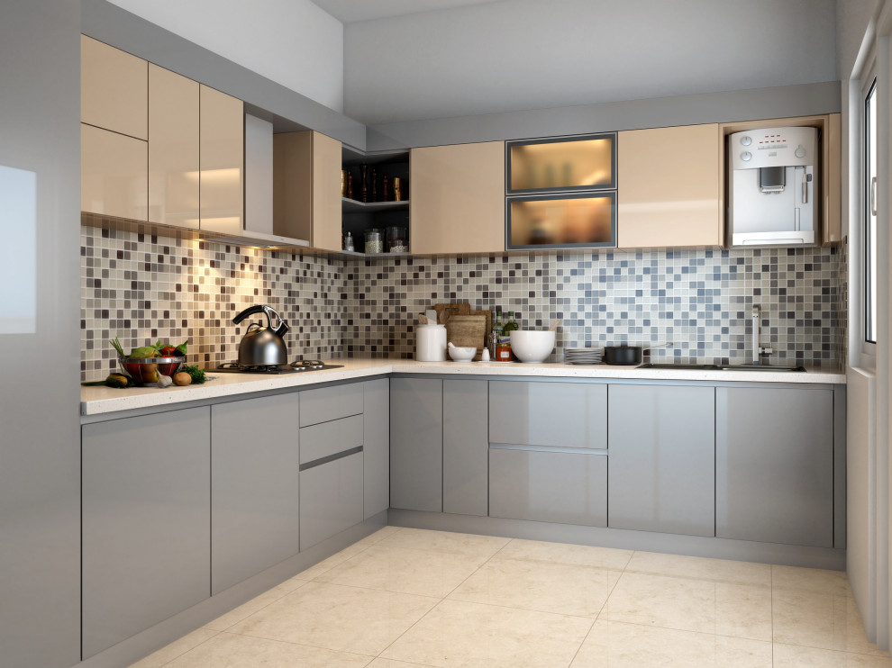 Mid-sized contemporary l-shaped kitchen in Kolkata with a drop-in sink, flat-panel cabinets, grey cabinets, multi-coloured splashback, panelled appliances, beige floor and white benchtop.