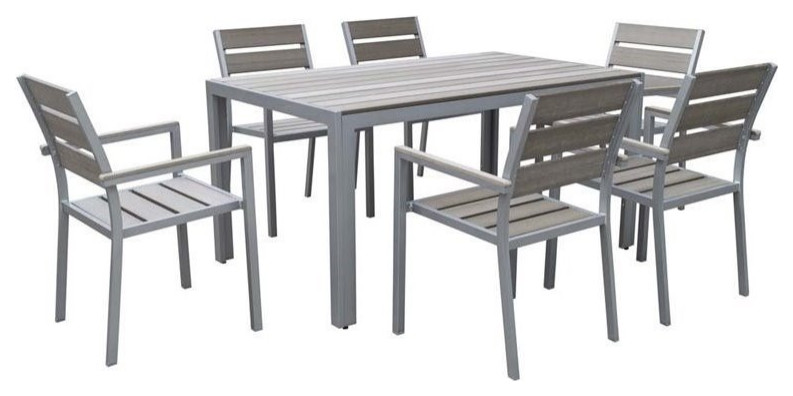 Gallant Sun Bleached Gray Slats and Gray Aluminum Frame 7 Piece Patio Dining Set