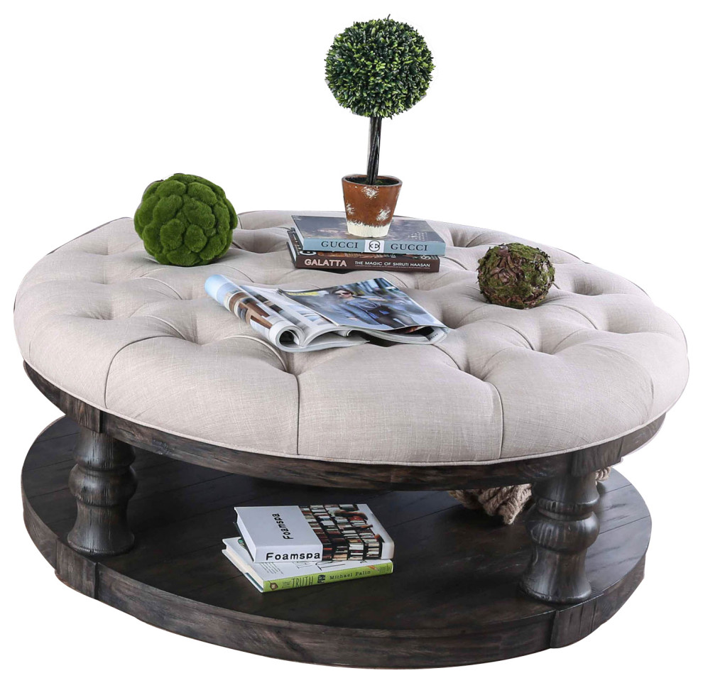 Wooden Coffee Table With Padded Top And Bottom Shelf, Brown And Beige