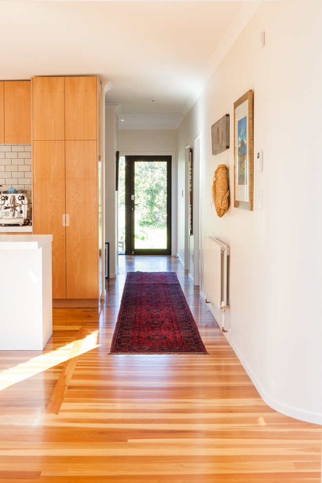Inspiration for a mid-sized contemporary hallway in Hamilton with white walls and dark hardwood floors.