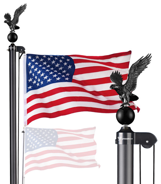 Yescom EZ GO 20ft Telescopic Flag Pole Kit Upgrade Rotating Lock Aluminum Flagpole Set For Outside House Inground Outdoor Camper RV Tailgate Residential Commercial With 3x5' US Flag Ball Top