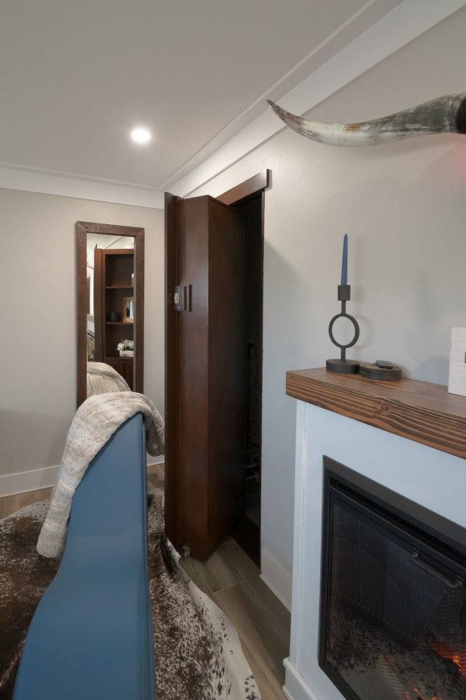 Mountain style white tile and ceramic tile ceramic tile, black floor and double-sink claw-foot bathtub photo in San Francisco with furniture-like cabinets, distressed cabinets, a vessel sink, wood countertops, a hinged shower door and a freestanding vanity