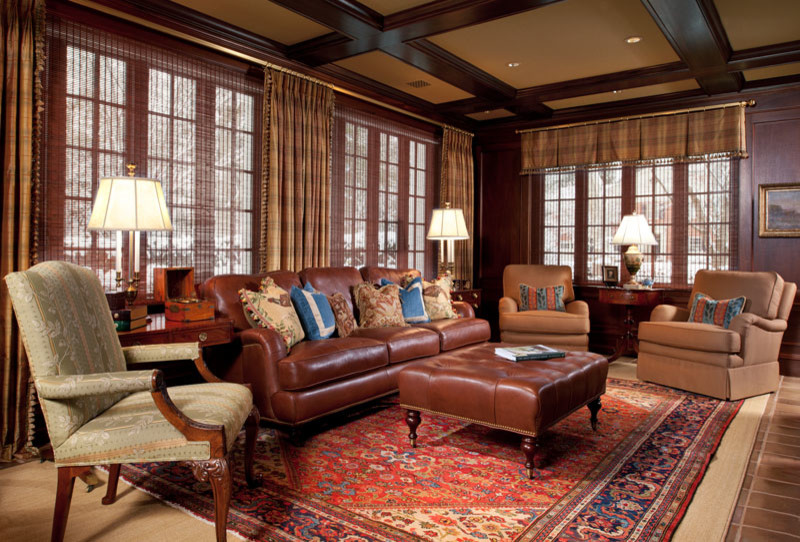 Inspiration for a large traditional enclosed living room in Other with a library, ceramic floors and brown walls.