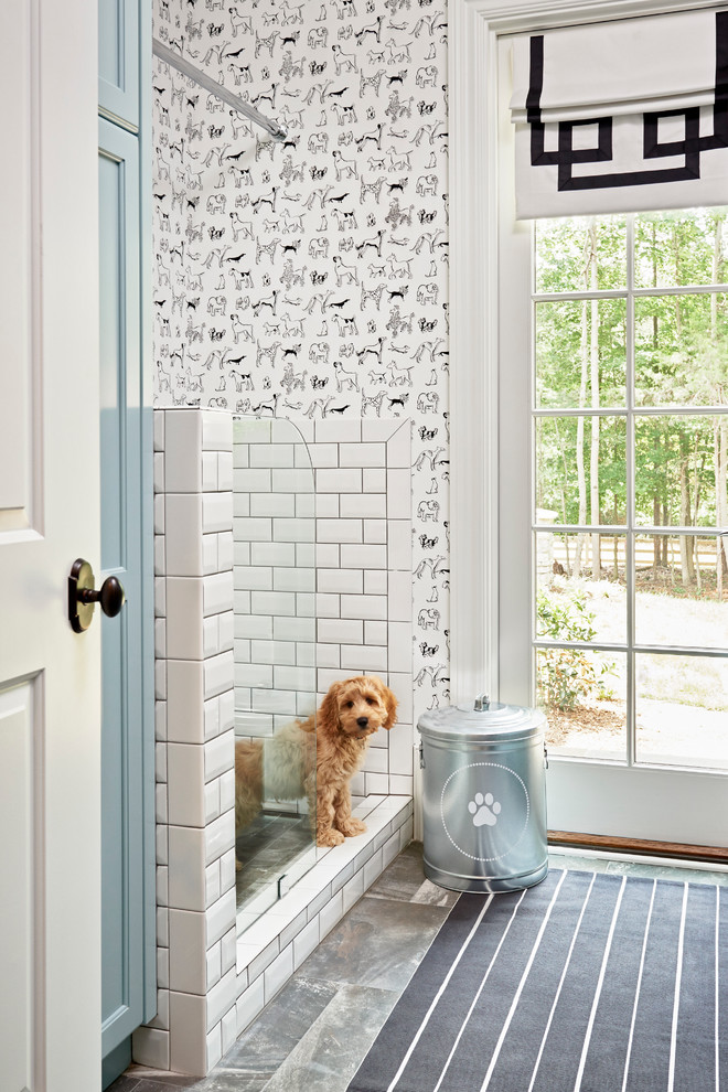 Inspiration for a traditional bathroom in Charlotte with white tile, subway tile and multi-coloured walls.
