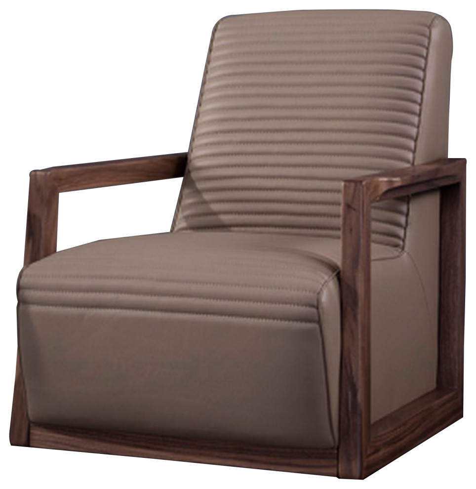Horizontally Stitched Leather Accent Chair With Wooden Arms, Tan Brown