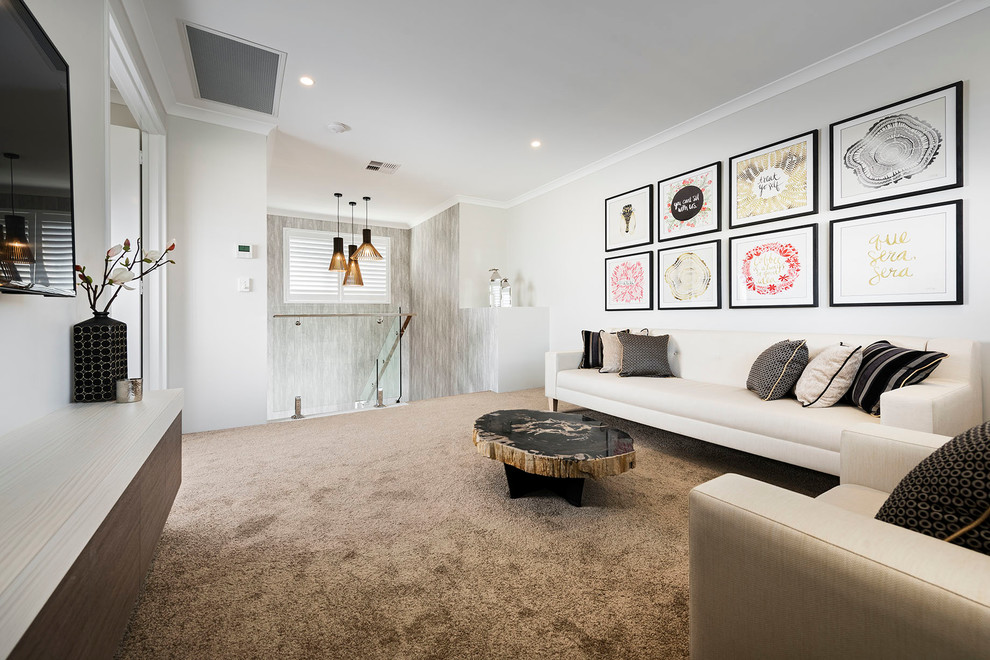 Mid-sized contemporary loft-style living room in Perth with white walls, carpet and a wall-mounted tv.
