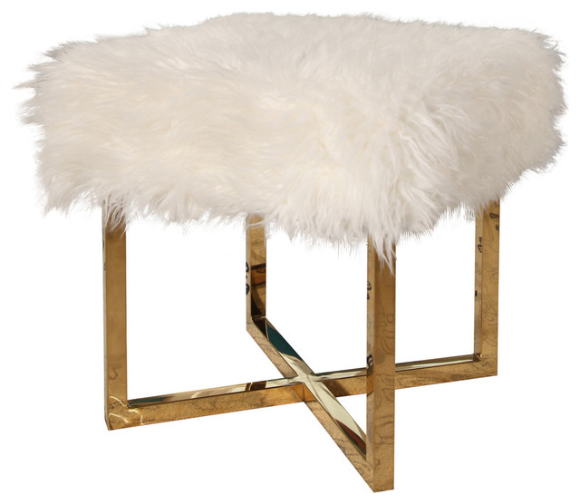 Abbyson Living Leticia 18" Stainless Steel Faux Fur Stool, White