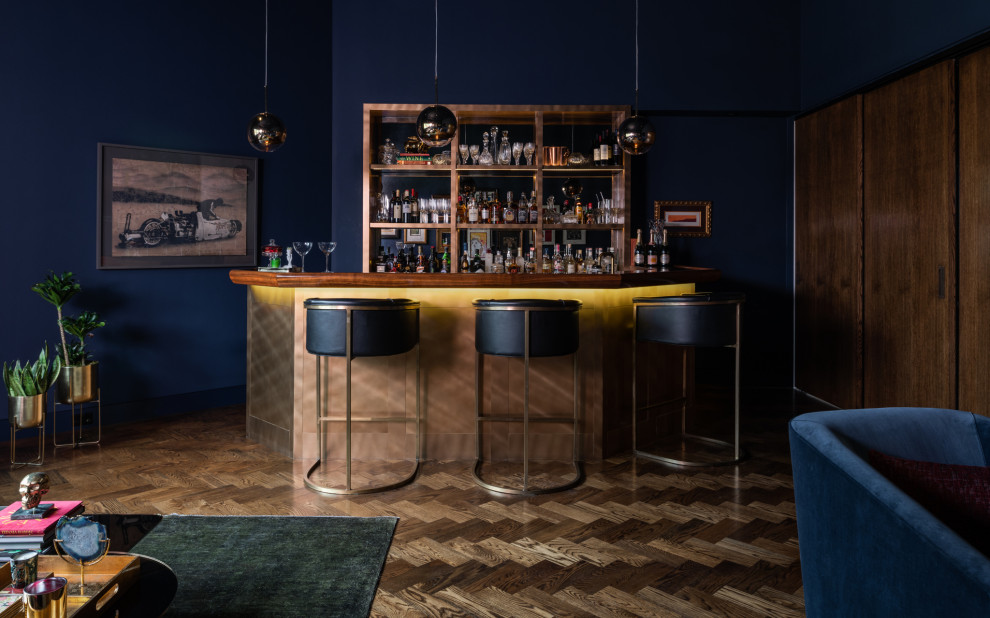 Design ideas for a contemporary seated home bar in Dallas with open cabinets, wood benchtops, dark hardwood floors and brown floor.