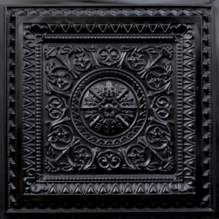 24"x24" D223 PVC Faux Tin Black Ceiling Tiles, Black Traditional