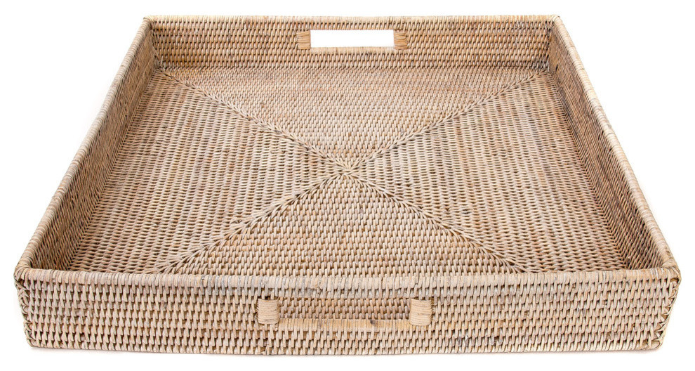 Artifacts Rattan™ Square Ottoman Tray with Cutout Handles Tropical