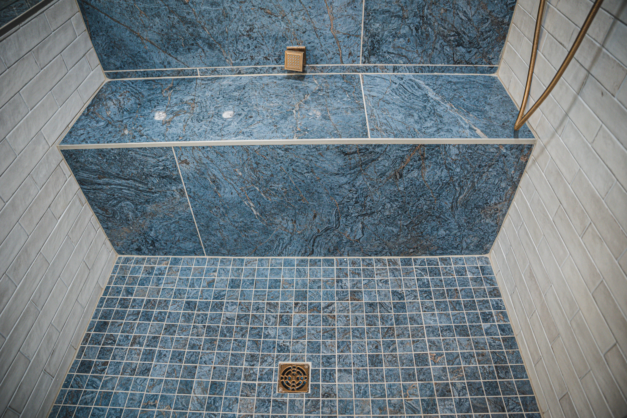 Blue with Coffee Primary Bathroom remodel